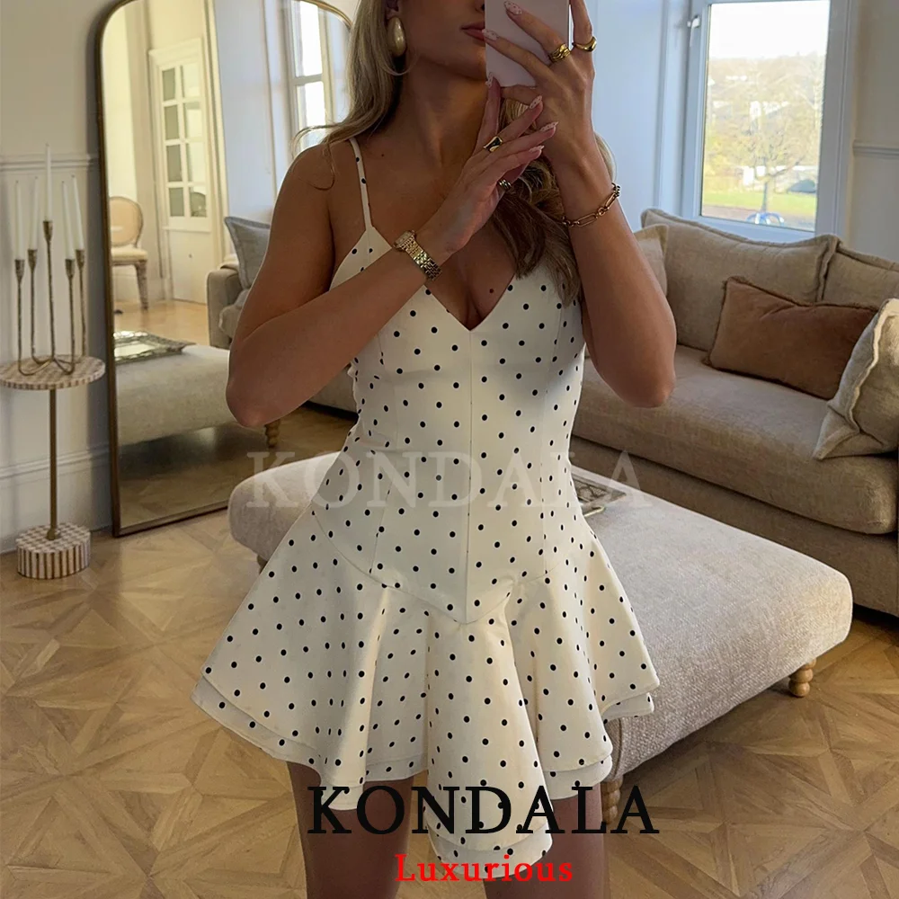 KONDALA Sexy Chic Damen Cami Polka Dot Print Weißes Partykleid Mode 2026 Frühling Sommer Strand Urlaub Rüschen Minikleid