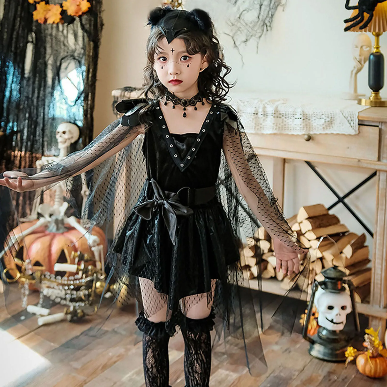 

Dark Witch Stage Performance Girls Runway Show Vampire Night Elf Cute Dress party Halloween Carnival Children Cosplay Costume