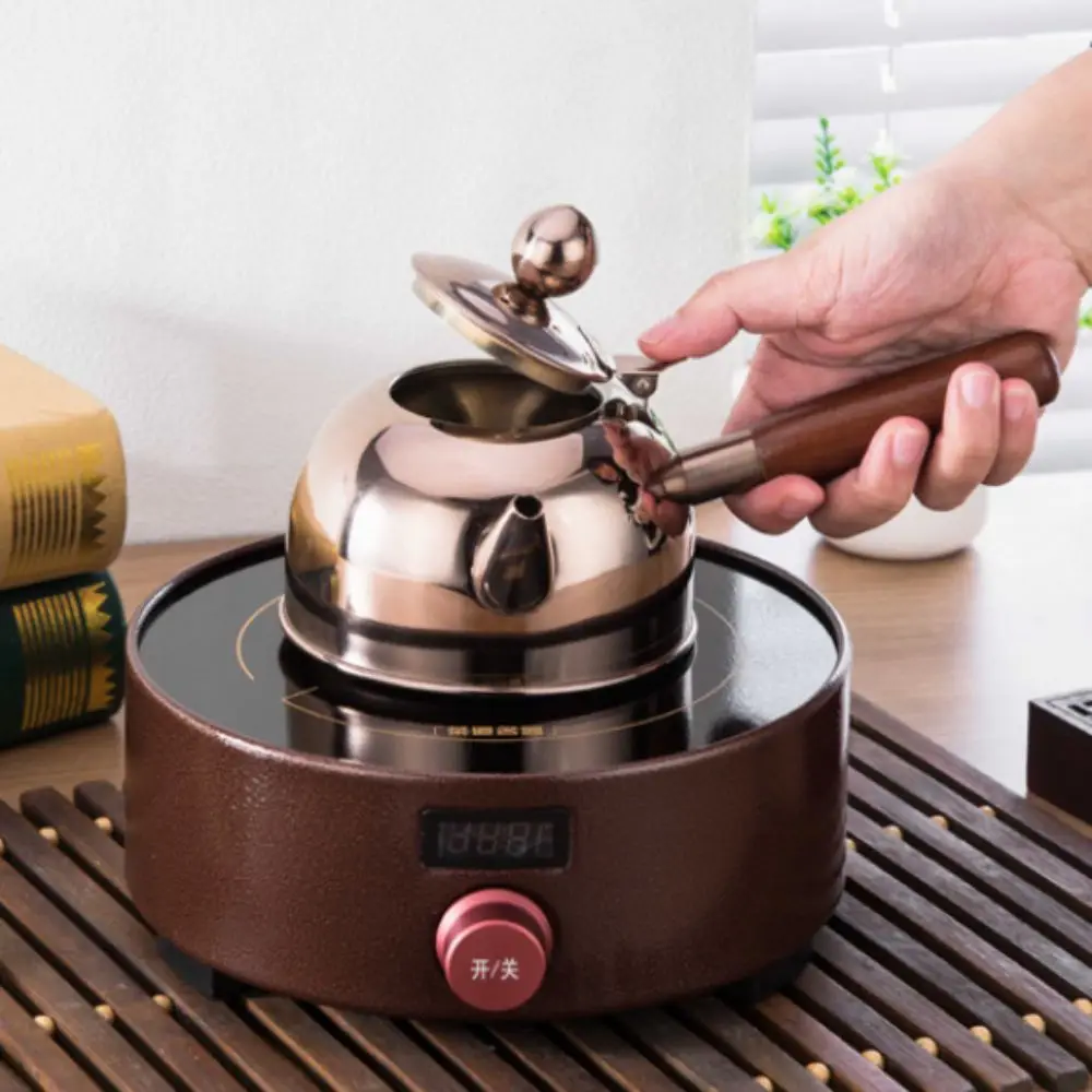 Drinkware 304 Stainless Steel Tea Kettle Flat Bottom Chinese Boiling Water Kettle Side Wooden Handle Retro Teapot Coffee