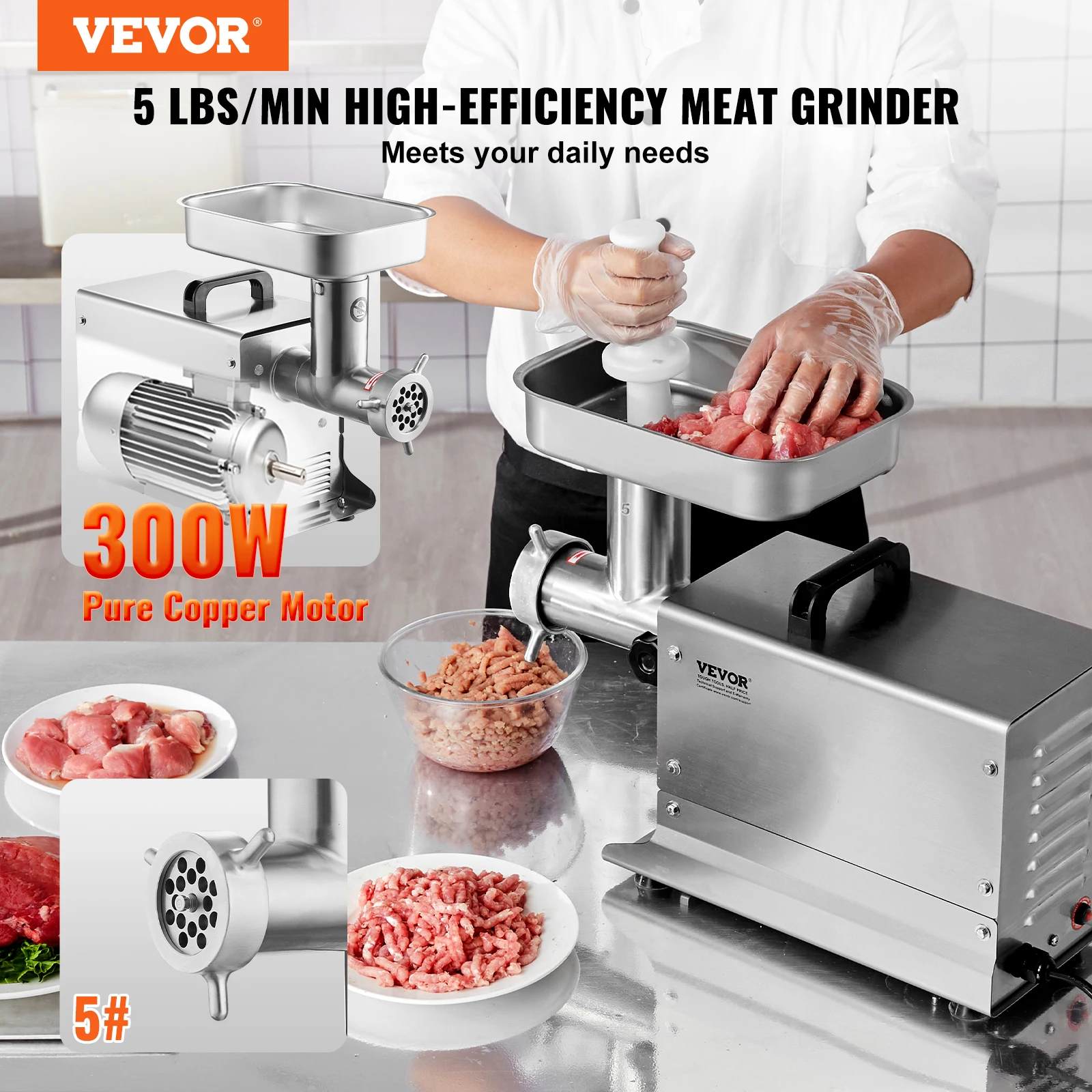 VEVOR Stainless Steel Commercial Meat Grinder, 5 Lbs/Min Capacity Electric Meat Grinders w/ Blade, Grinding Plate, Sausage Maker