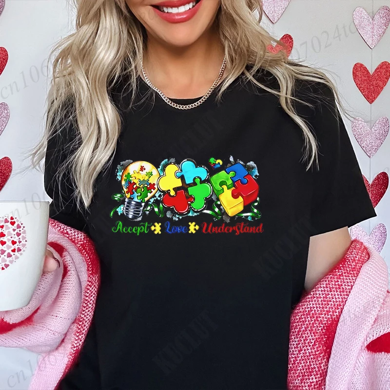 Autism Awareness T-shirt for Women Accept Love Understand Print Tops Acceptance Neurodiversity Short Sleeve Tees Female Clothing