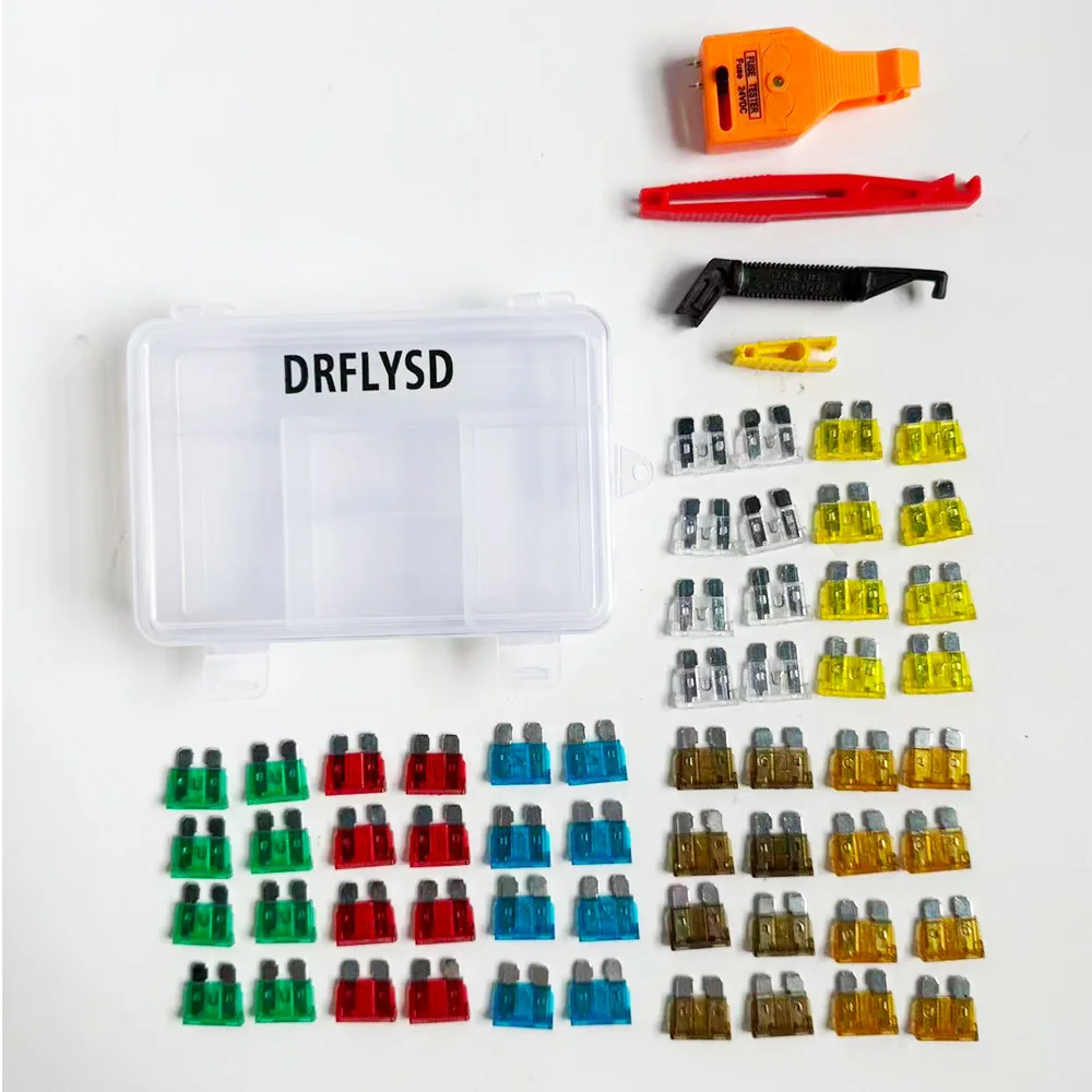 

Assorted Kit Auto 56pcs Fuse Kit 5A 7.5A 10A 15A 20A 25A 30A Automotive ATO/ATC ATM Blade and Glass Tube Fuse Tester Puller