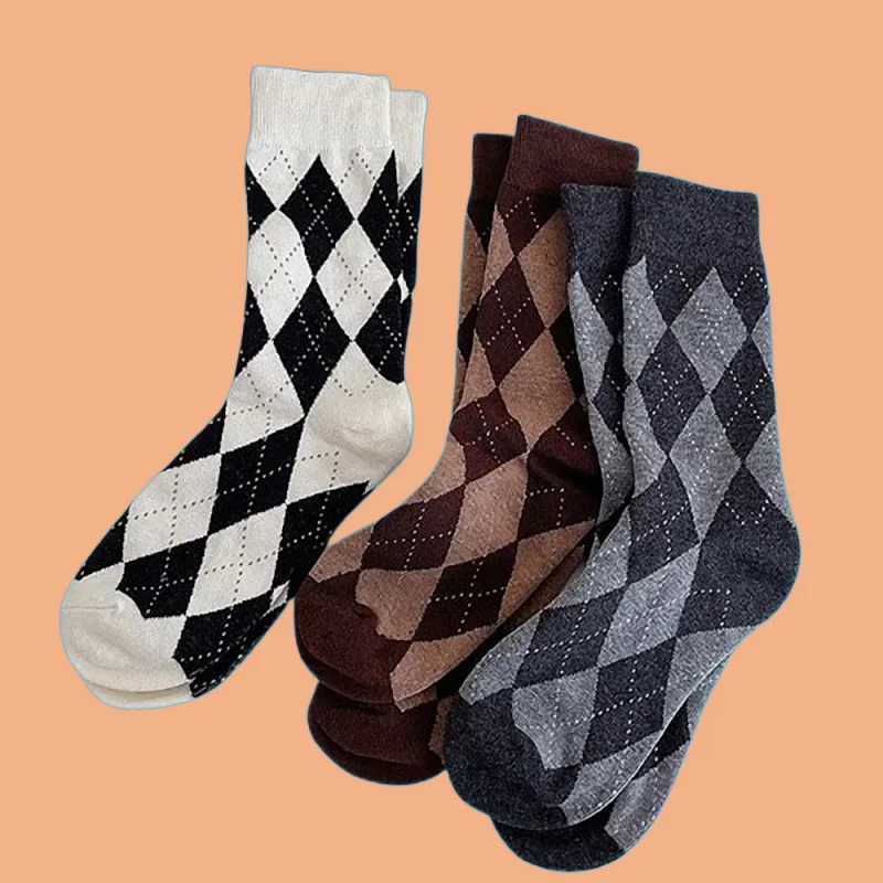 

5/10 Pairs Women's Middle-Tube Cotton Socks Diamond Grid Stacked Women's Socks Fashion College Style Four Seasons Square Socks