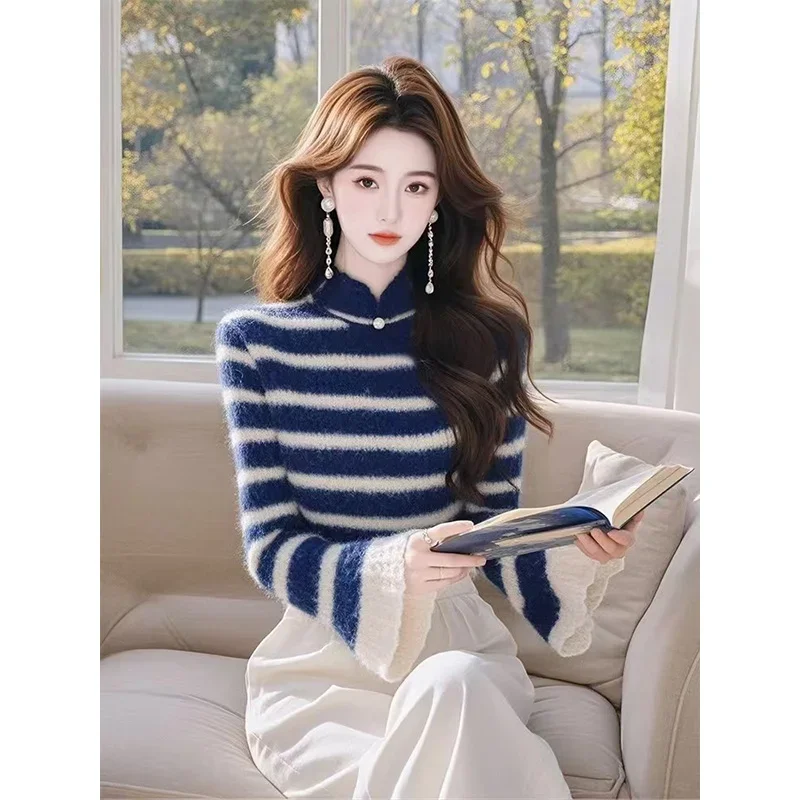 Office Lady Elegant Fashion Comfortable Knited Pullovers Autumn Winter Women Sweaters Striped Commute Slim Top Knitwear