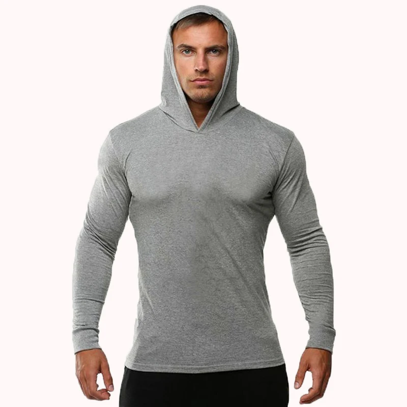 Summer Thin Long Sleeve Hooded European Size Men\'s Fitness Sports Leisure Running Training GYM 100% Cotton Sweater New