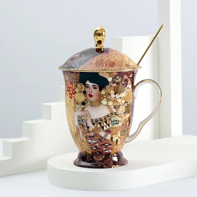 Imagem -06 - Caneca Chinesa Vintage com Tampa e Colher Chá Antigo Chinês Klimt Pintura Presente Luxuoso Xícara de Café