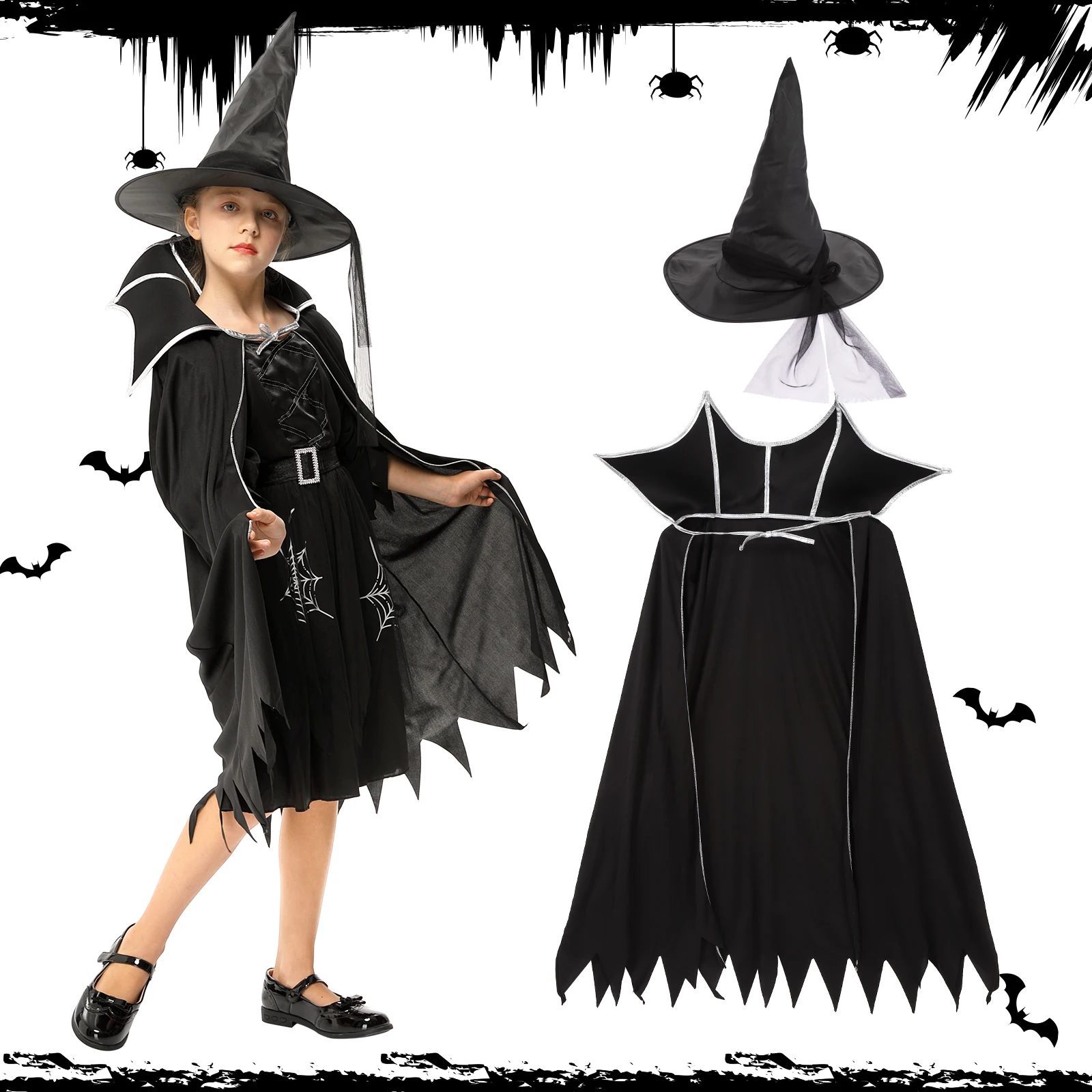 Girls Halloween Witch Costume Dress - Classic Black Fairytale Outfit for Kids, Dress-Up Role Play for Parties & Pretend Play view 3