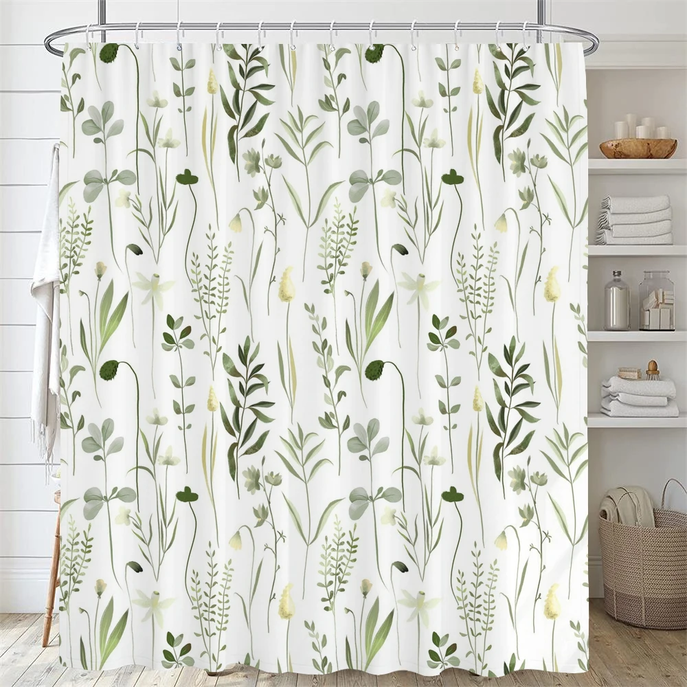 

Nordic Fresh style Plant Leaves Flower Shower Curtain with Hooks Waterproof Fabric Bath Curtain Bathroom Accessorie Decor