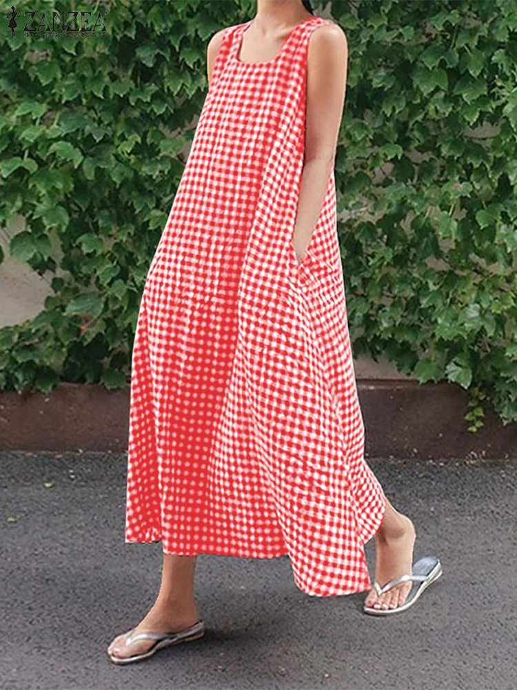 2025 ZANZEA Summer Dress Elegant Square Neck Sleeveless Sundress Women Plaid Checked Dresses Bohemain Loose Holiday Robe Kaftan