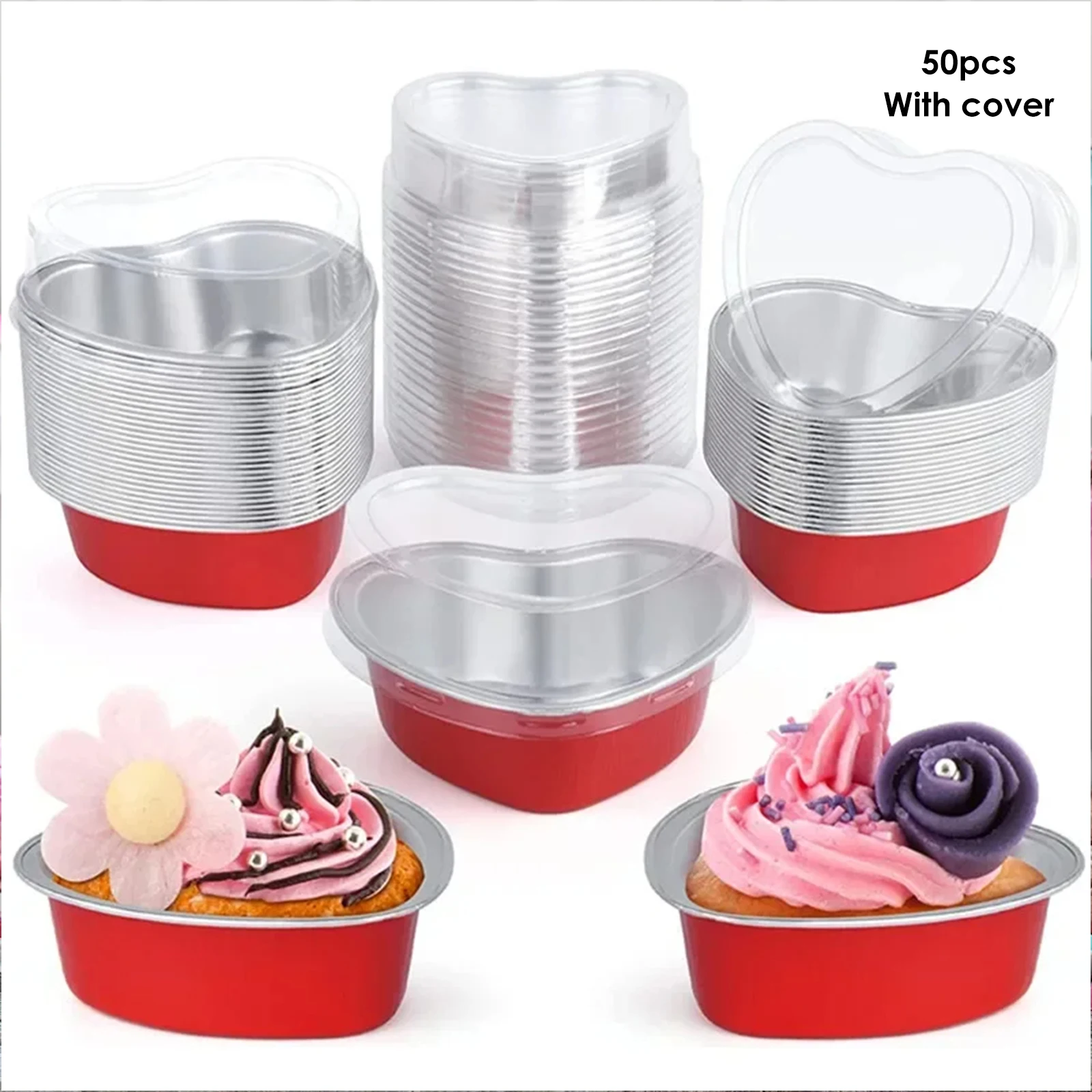 

50Pcs 100ml Tin Foil Aluminum Foil Pudding Cup With Lid Heart-shaped Disposable Mini Mousse Cupcake Containers Baking Mould