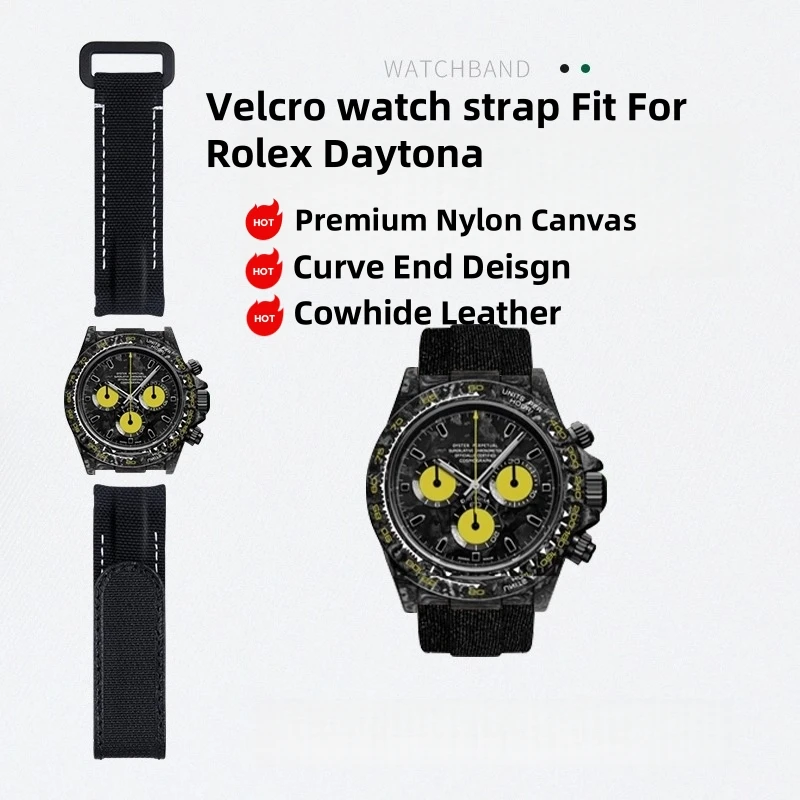 20mmナイロン製フックアンドループ式時計ストラップ、ダブルスプリングバー、カーブエンド、ロレックスデイトナ時計バンド対応