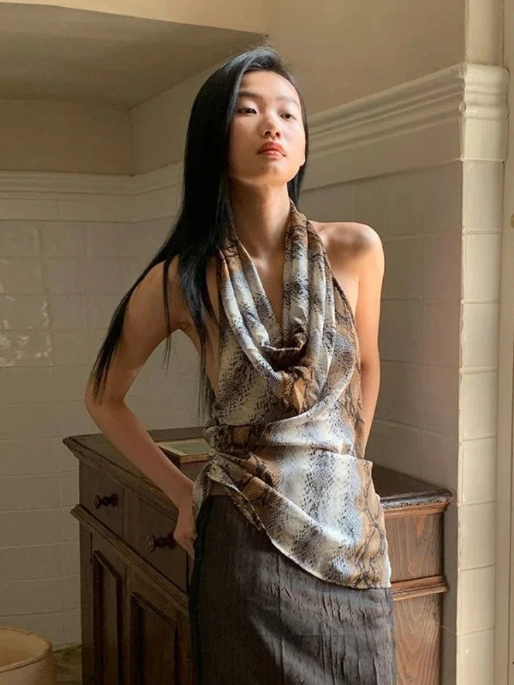 Y2k Aesthetic Halter Snake Print Tank Top Women Sexy Streetwear Backless Slim Fit Tanks Harajuku Grunge Summer Vintage Camisole