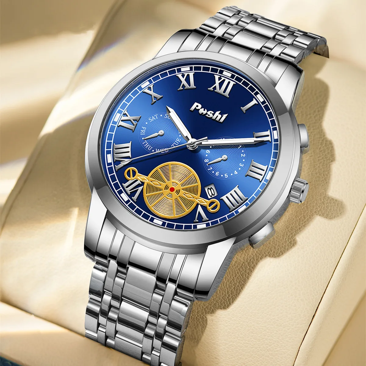ساعة POSHI للرجال ساعات كوارتز للرجال ساعة يد رجالية فاخرة مقاومة للماء بحزام معدني للرجال ساعة عمل للتاريخ