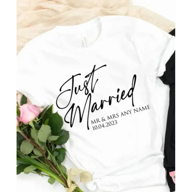 Women T-shirt Just Married Tee Personalised Husband and Wife Couples Honeymoon Finally Matching Wedding Tee Clothing Tops