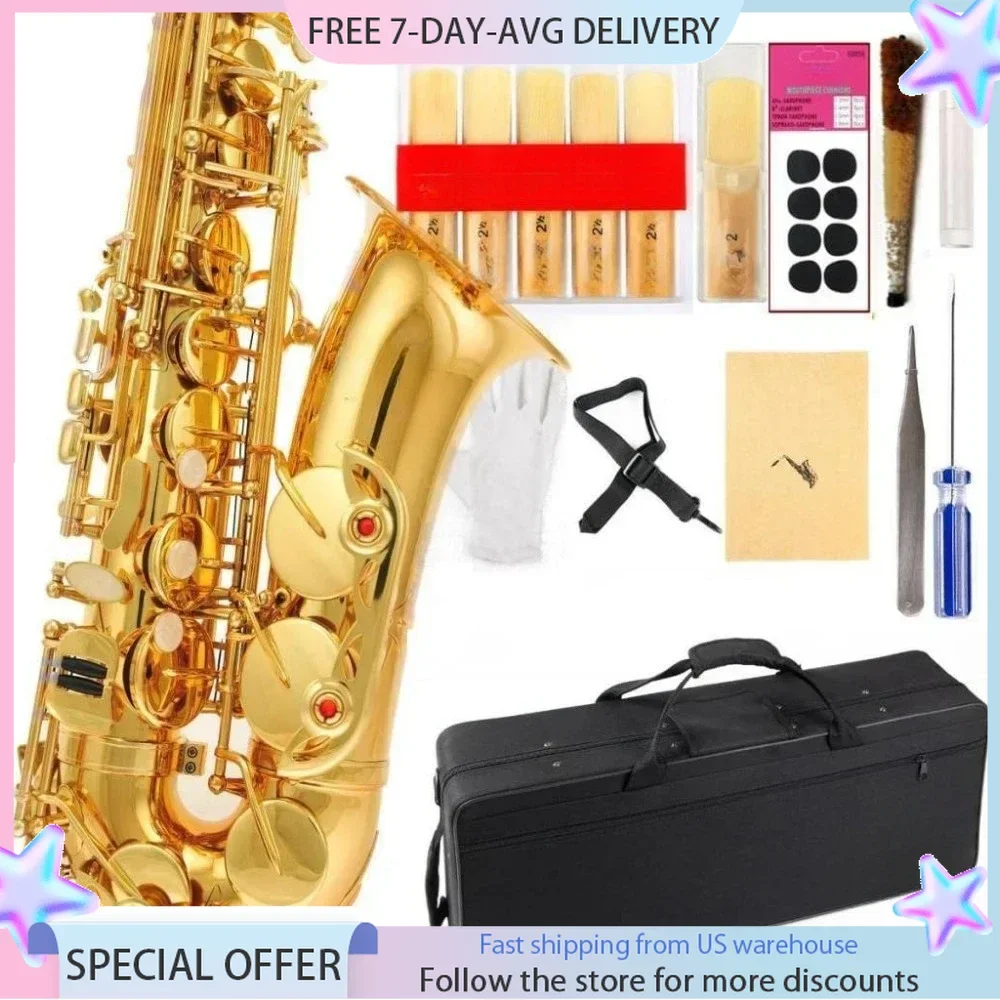 Adjustable Leather Saxophone with 11Reeds, Gold Laquer, 8 Pads Cushions, Case, Carekit