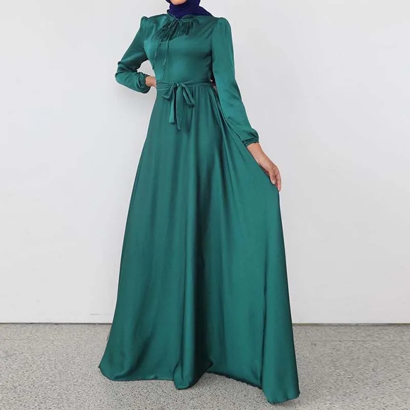 

Elegant Satin Abaya Long Dress Muslim Lady Women Big Swing Party Evening Dresses Islamic Modest Clothing Tunique Femme Musulman