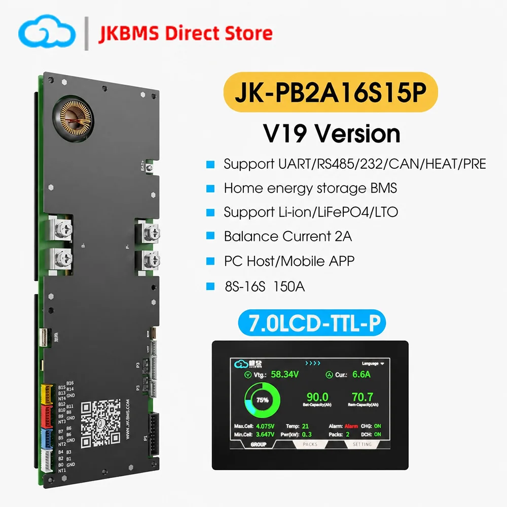 JIKONG PB2A16S15P V19 150A Smart BMS 4.3/7.0 LCD Active Balancer 2A for LiFePo4 Li-Ion LTO 24V 48V Inverter 8S-16S