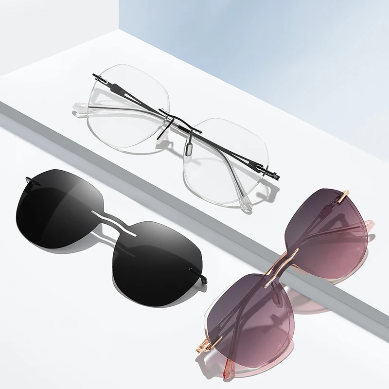 COHK Fashion Rimless Women Magnet Sunglasses Polarized Clip On Sun Glasses Lens UV400 2024 New Style Round Optical Eyewear Frame