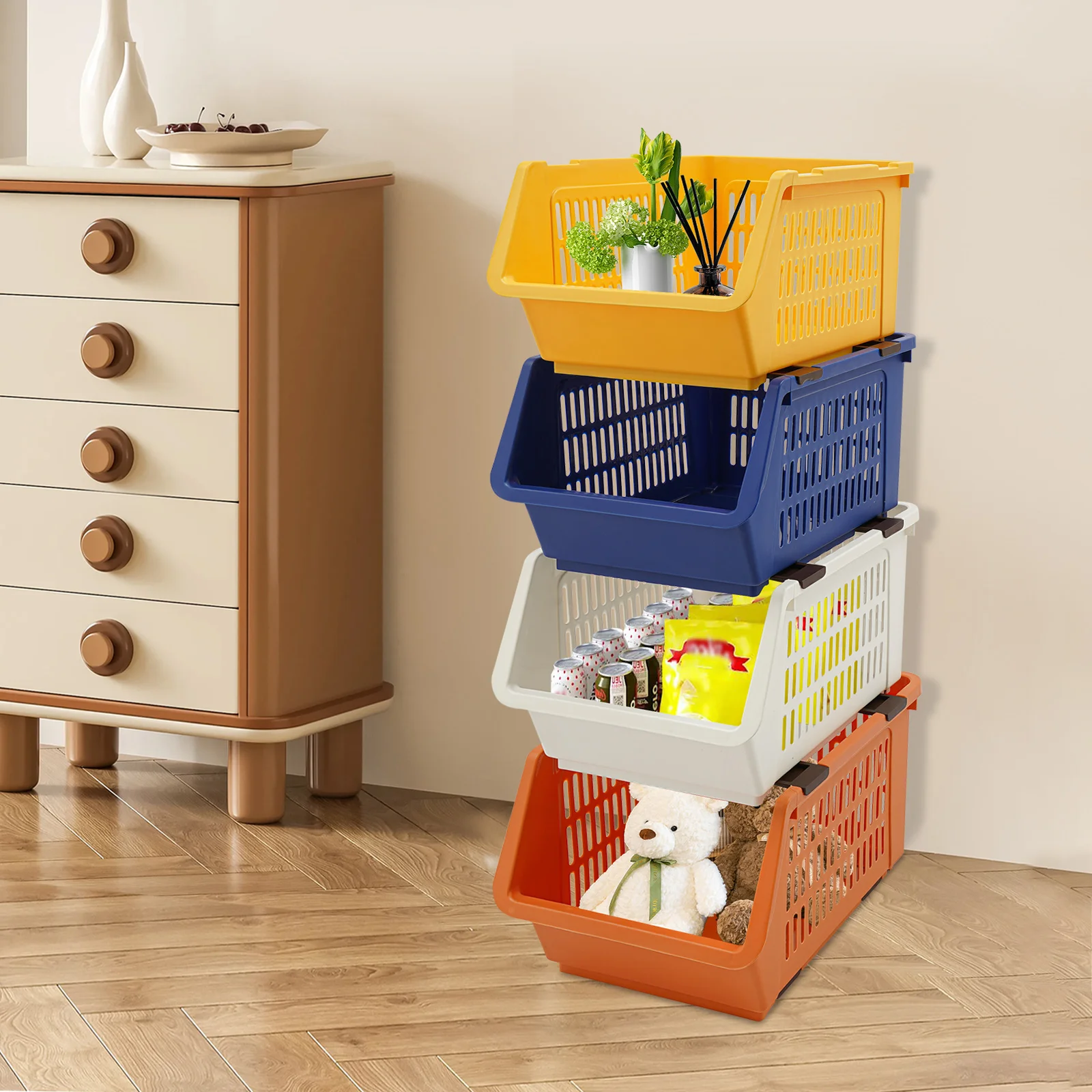 

4 PCS Stacking Storage Baskets Rectangular Stackable Organizer Baskets Floor Standing Stackable Storage Bins Modern Ideal Gift