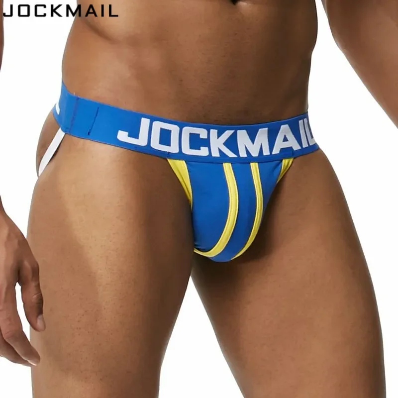 JOCKMAIL Brand Sexy Men\'s Jockstraps Gay Jocks Cotton Low Rise Thongs Gay Underwear Double pipe G Strings Brief Bikini Backless