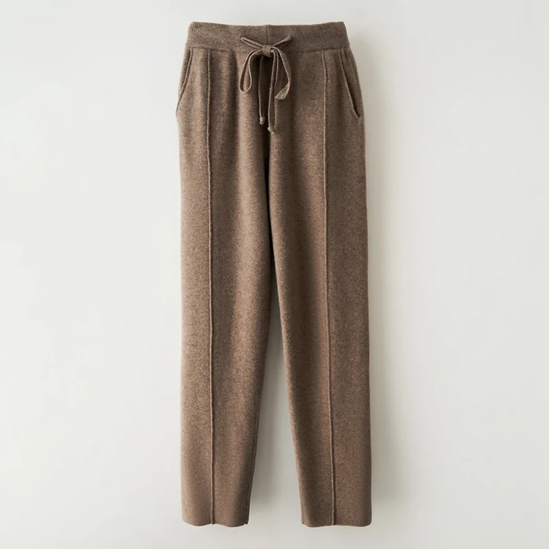 100% Merino Wool Women's Medium Seam Pencil Pants Autumn Winter Cashmere Knitting Pants Simple Style Soft Warm Trousers