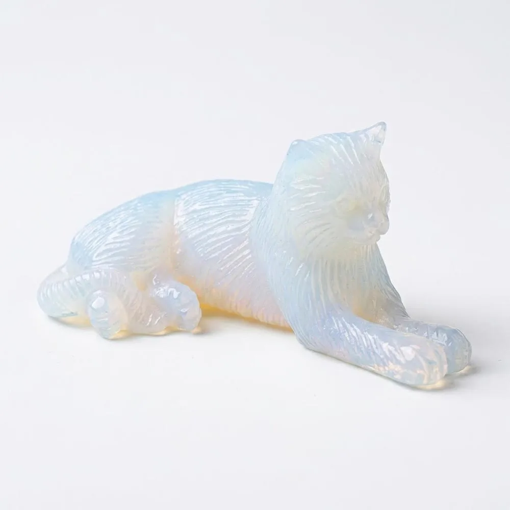 Custom Opalite Cat Figurine Hand Carved Crystal Kitten Statue Healing Energy Stone Animal Ornament Reiki Wiccan Home Decor G