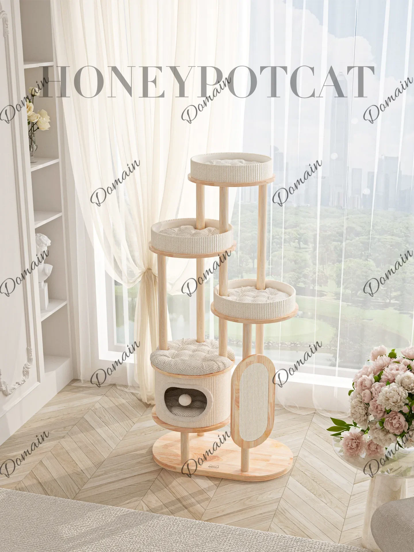 U Cat Climbing Frame Cat Nest Integrated, Solid Wood Column Frame Household, Rubber Wood Cat Toy 080018