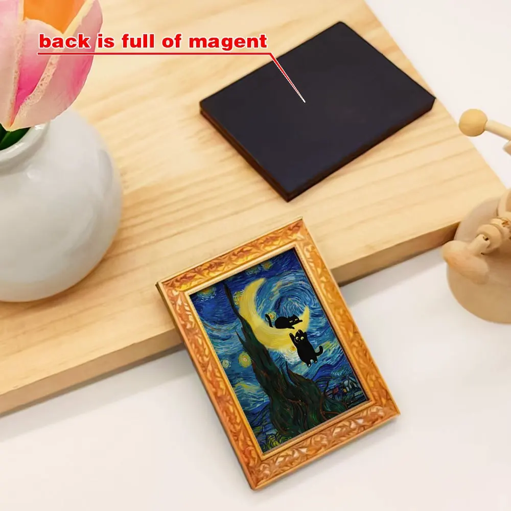 Vintage Frame Fridge Magnet, Van Gogh Starry Night Black Cat On Moon Art Decor for Kitchen Refrigerator & Cat Lover Art Gift