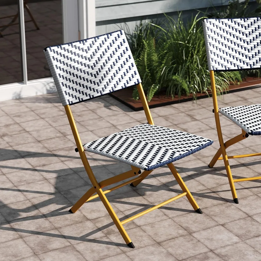 Ciel Two Piece Folding French Bistro Chairs - Navy and White PE Rattan - Natural Finish Metal Frames - Indoor/Outd