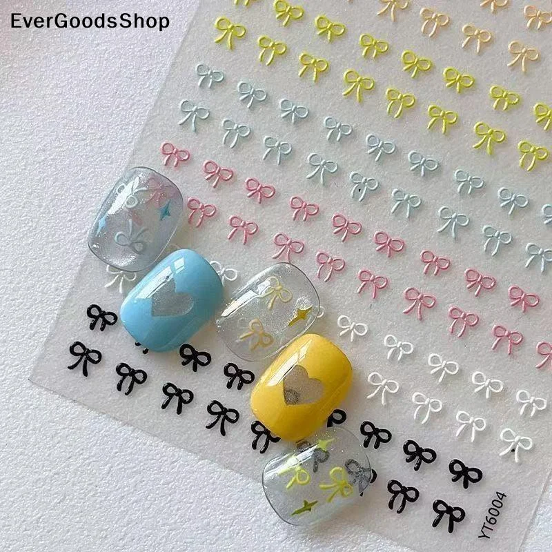 New2Pcs 3D Embossed Bow Nail Stickers Multicolor Mini Bow Nail Art Decals Self Adhesive Manicure Decorations