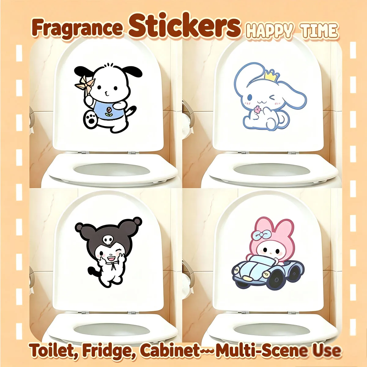 Cute Sanrio toilet deodorizing stickers—Kuromi/My Melody scented bathroom decals—adorable home decor.