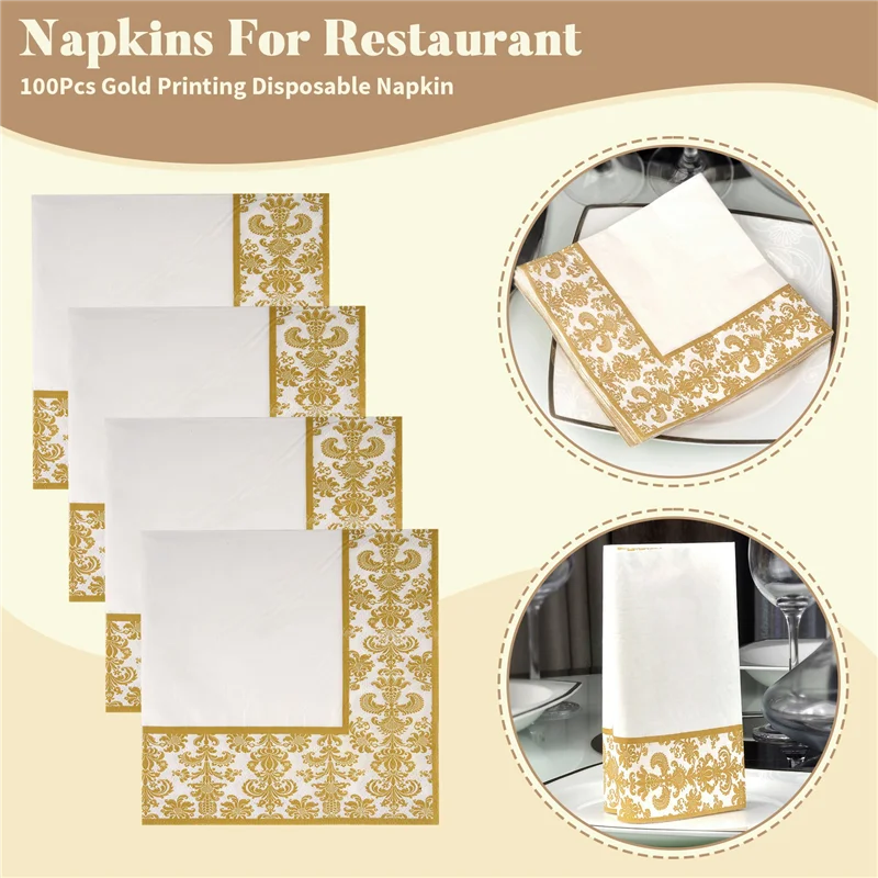 100Pcs Gold Printing Disposable Napkin Tissue Paper Printed Napkins For Restaurant And Hotel (Golden + White)