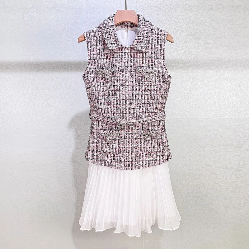 

2025 Early Autumn Tweed Lapel Sleeveless Belted Dress with Pleated Chiffon Panel Design