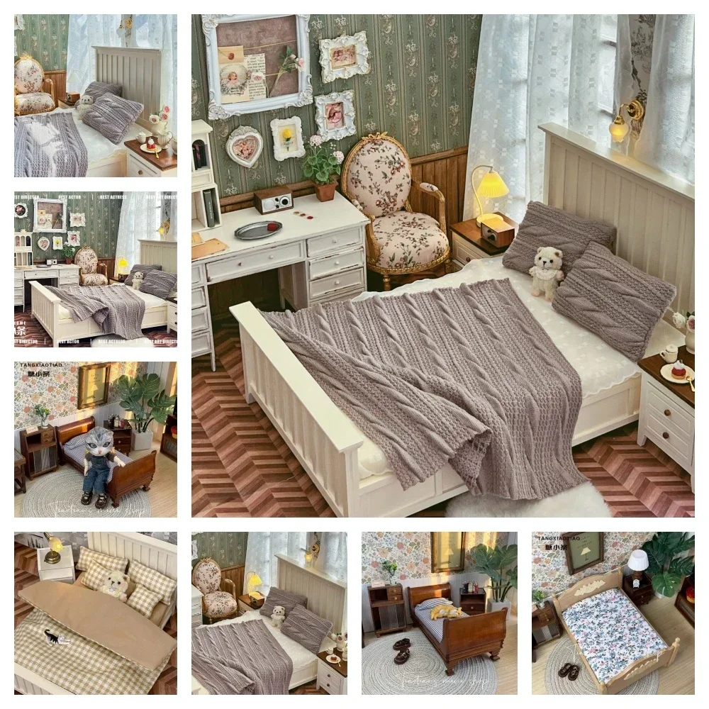 

6 Points Doll House American Bed 8 Points European Bed 12 Points Wooden Living Room Bedroom Scene Double Bed Miniature Furniture