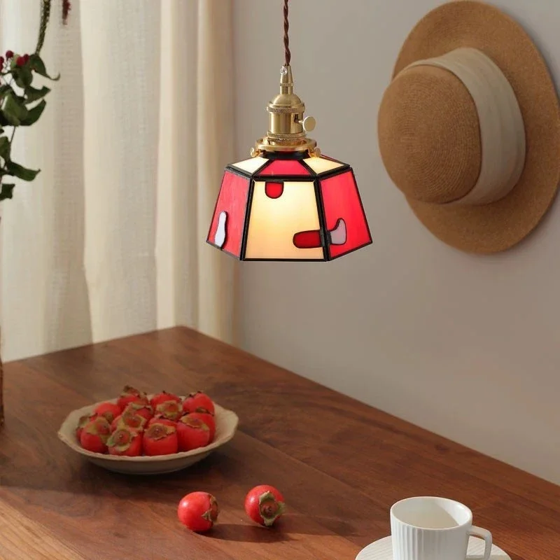 Hand Welded Colorful Glass Pendant Light Brass LED Hanging Lamp With Switch Home Indoor Bedroom Bedside Restaurant Cafe Showcase