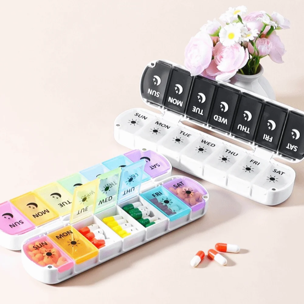 New Foldable Design Weekly Pill Case 14 Grids AM PM Labels 7 Day Vitamin Case Airtight 2 Times A Day Medicine Box Home Gadgets