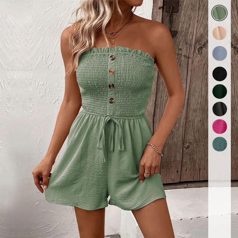 

Summer Fashion Splicing Women's Solid Color Sexy Sleeveless Bra Button Tie Waist Casual Comfortable Female Jumpsuit Shorts 3/4