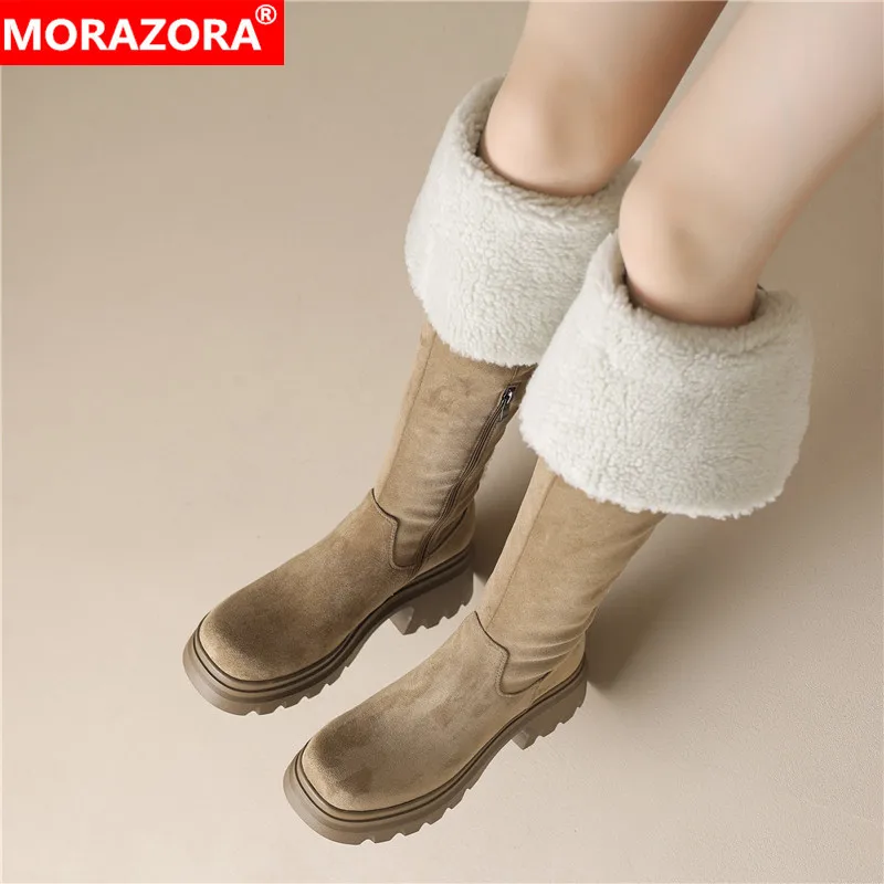 

MORAZORA New Winter Boots Faux Suede Women's Over The Knee Boots Square Heels Platform Thigh High Boots Warm Wool blend Long