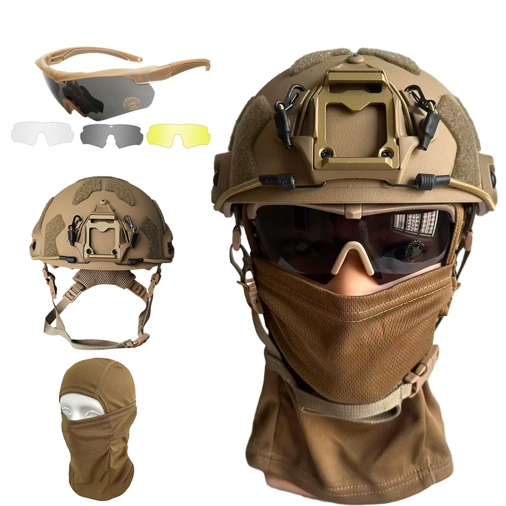 Military Tactical Helmet Set - Multi-Lens Goggles & Full Face Mask, Riot Airsoft CS Protective Gear for Outdoor Sports
