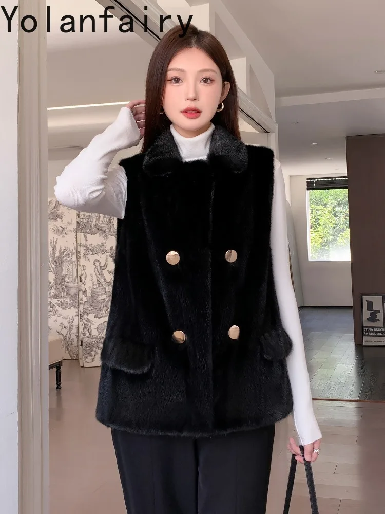 YOLANFAIRY Naturalny Płaszcz z Futra Damski Luksusowy Zimowy 2025 Bezrękawnik z Prawdziwego Futra Norki Kamizelka z Futra dla Kobiet Czarna Kurtka Futrzana