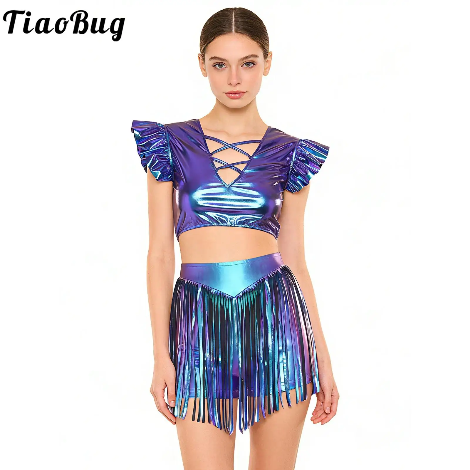 

Women Iridescent Metallic Jazz Latin Cha-cha Samba Dance Outfit Fly Sleeve Crop Top And Tassel Shorts for Party Rock Nightclub