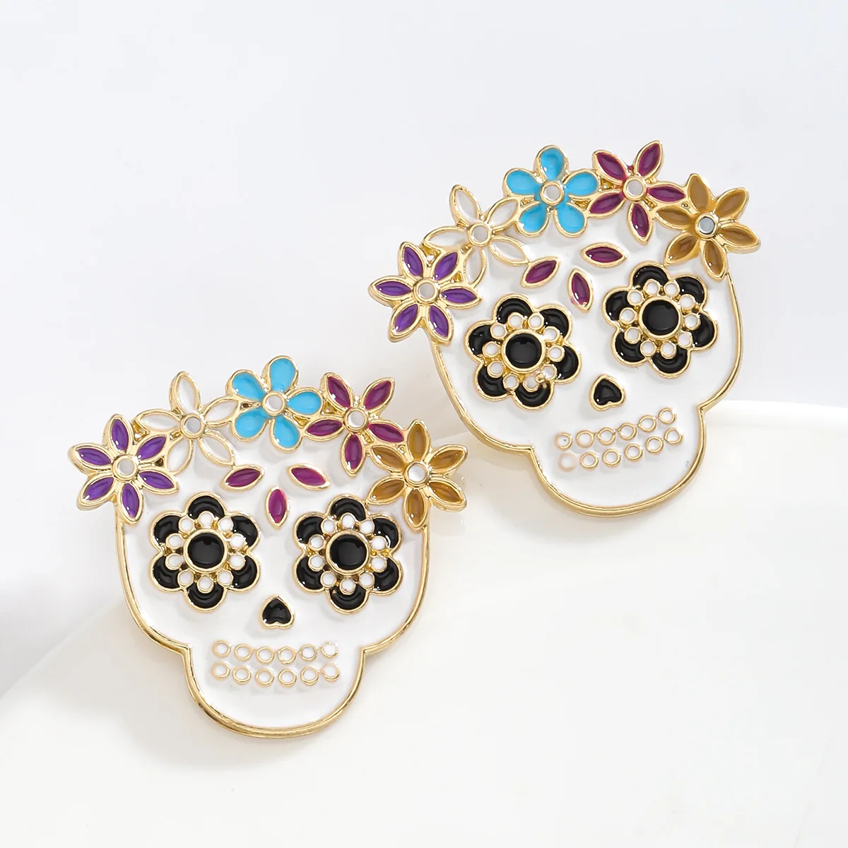 New Day of the Dead cute flower skull earrings personalized drip oil design Halloween skull earrings