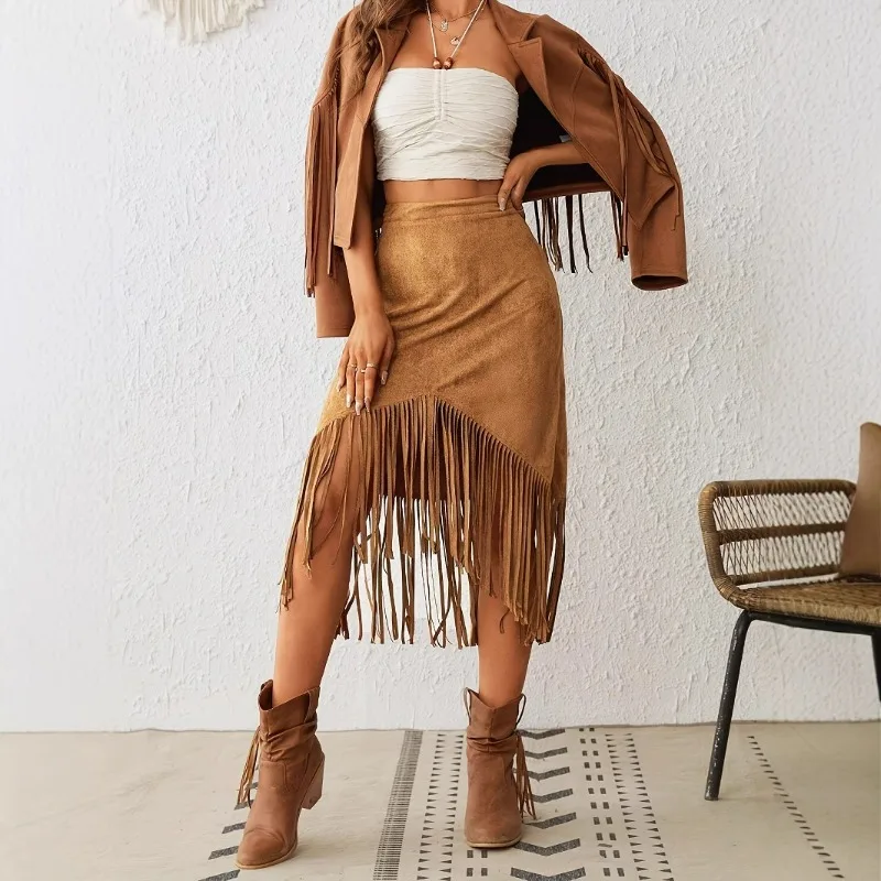 A New Cross-border Women's Clothing Style Western-style Faux Suede Velvet Tassel High-waisted A-line Skirt