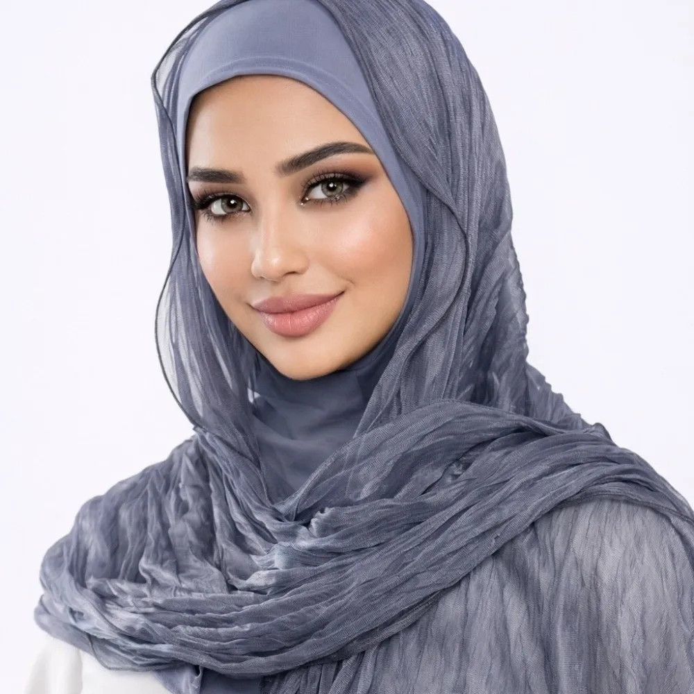 

Simple Solid Color Shiny Bubble Crepe Hijab Long Sunscreen Africa Headband Pleated Thin Muslim Wraps Shawl Female