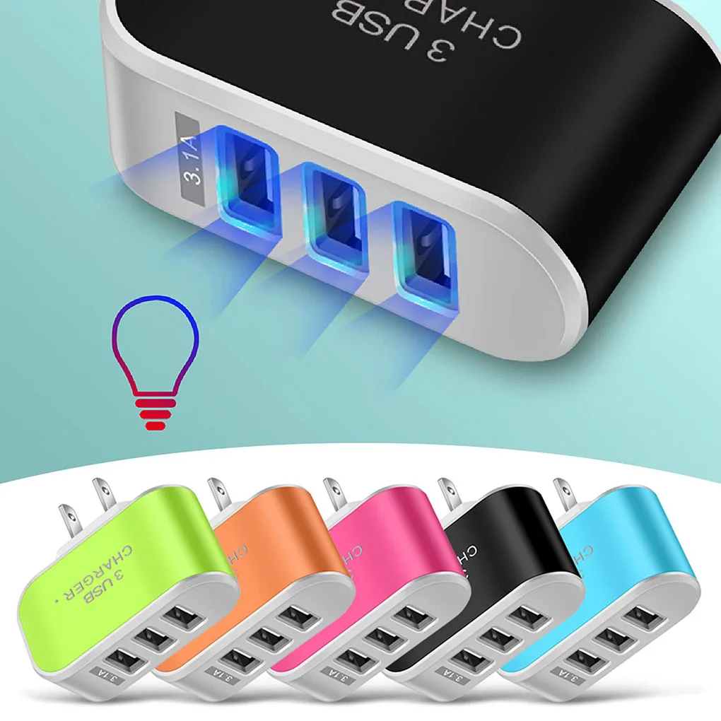 US Plug Charger USB 3 Ports LED Plastic Charging Adapter Lighting Block