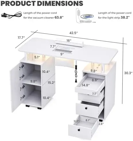Nail Tech Table with Dust Collector & LED Light, Rolling Manicure Desk with Storage Drawers & Cabinets, Lockable