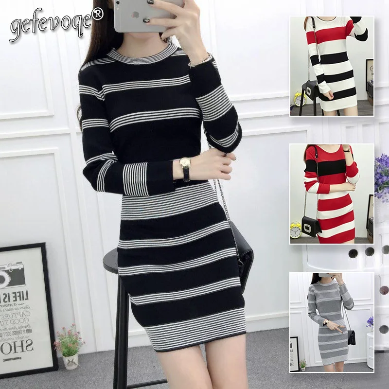 Bingsi's New Slim Fit Sexy Casual Clothes Female Stitching Striped Mid-length Skirt Long-sleeved Knitted Wrap-arm Dress Women