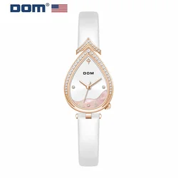 DOM 1538 Women's Quartz Watch Red Fashion Elegant Diamond  Droplet shap Pointer Leather Wristwatches for Ladies Watches Gift