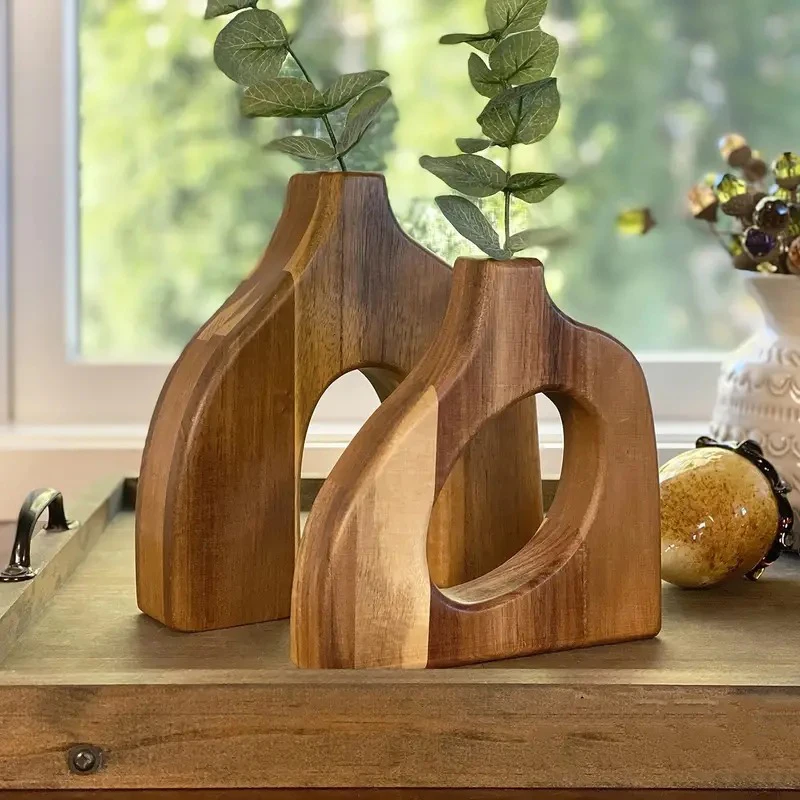 2PCS Creative Pure Solid Wood Vase Irregular Dry Flower Container Ornaments Nordic Style Handicrafts High-end Home Decoration