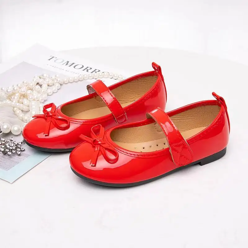 2024 Spring Autumn New Kids Shoes Childrens Bowknot Princess Shoes Girls Red Black Comfortable Soft Sole Single Shoes 2-13T